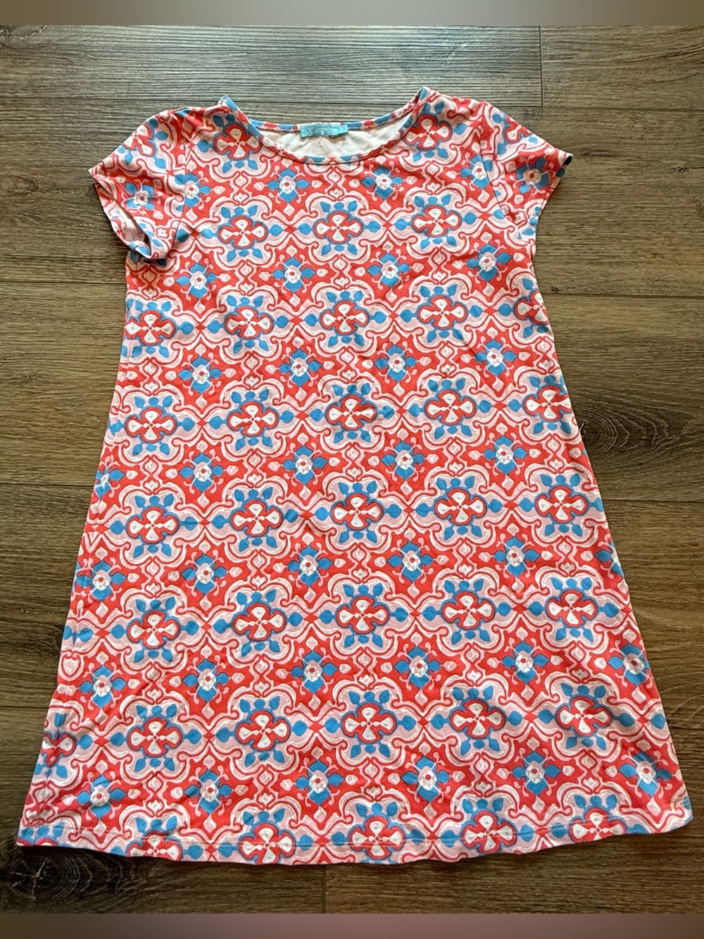 J. McLaughlin Geometric Coral and Blue Catalina Cloth Dress